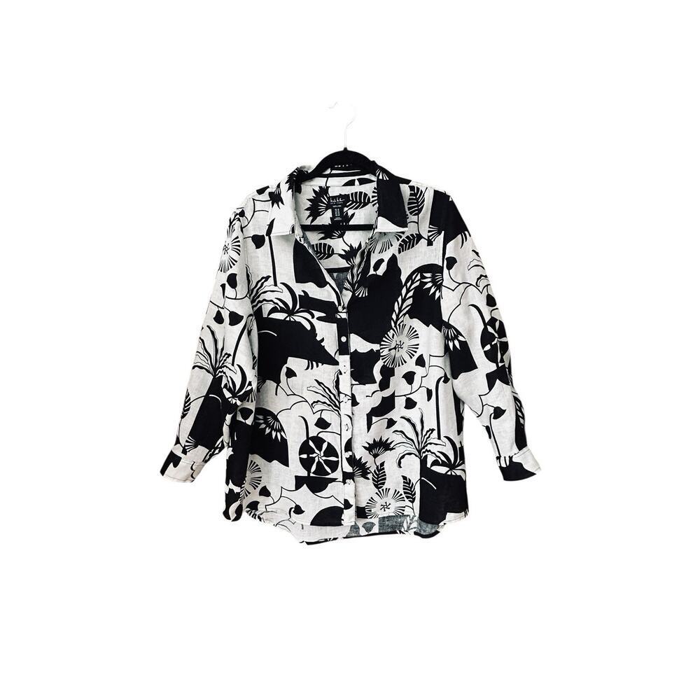 Nicole Miller Women’s 100% Linen Black & White Lagenlook Coastal Tunic Shirt 1X